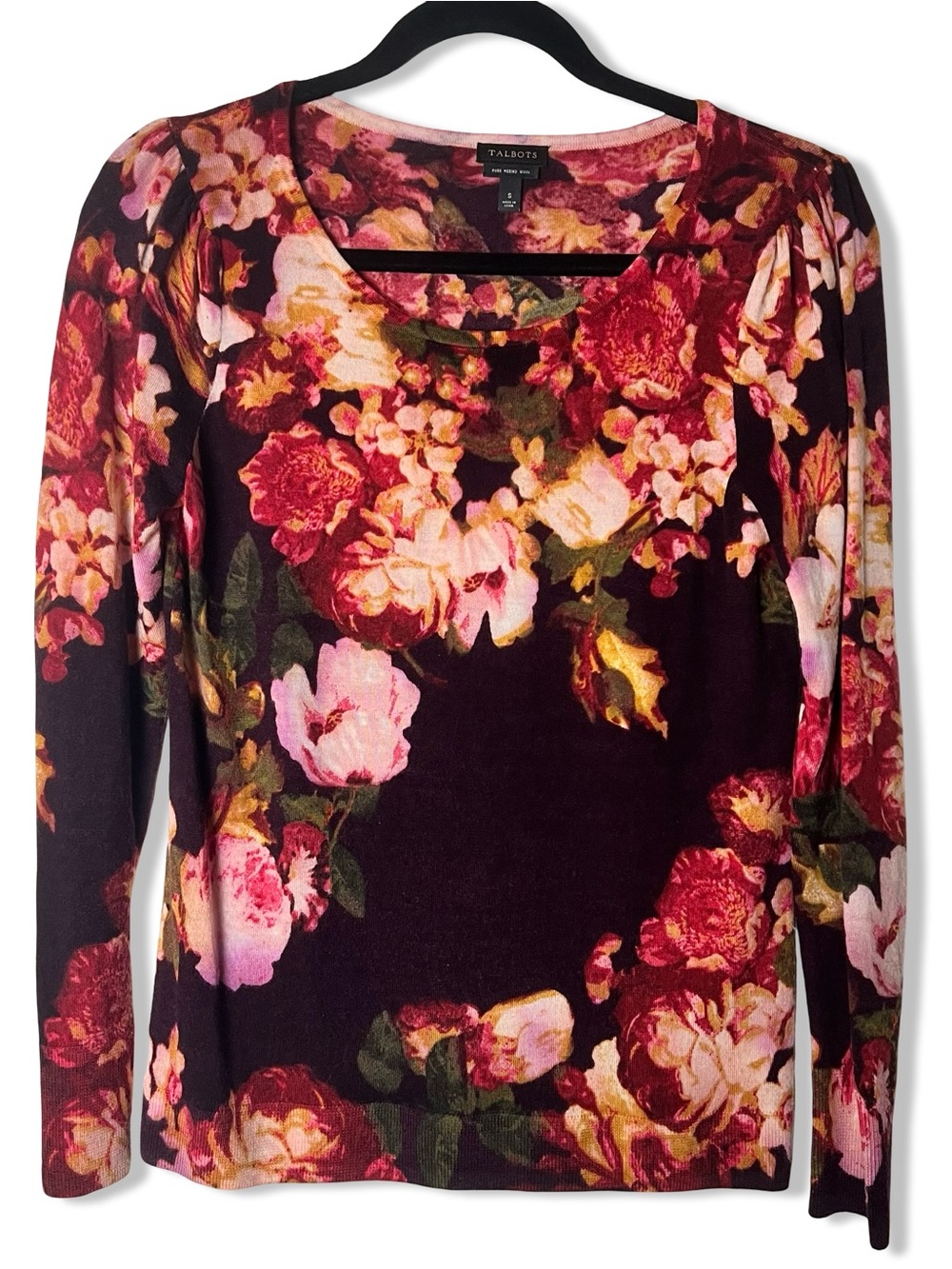 Talbots Gathered Shoulder Merino‎ Sweater Burgundy Floral Wool Long Sleeve Sz. S
